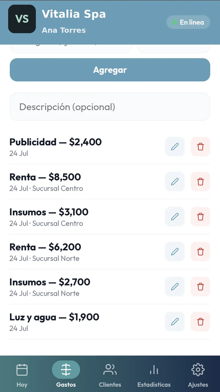 Pantalla de gastos de Agenda Alfa con renta y publicidad registradas