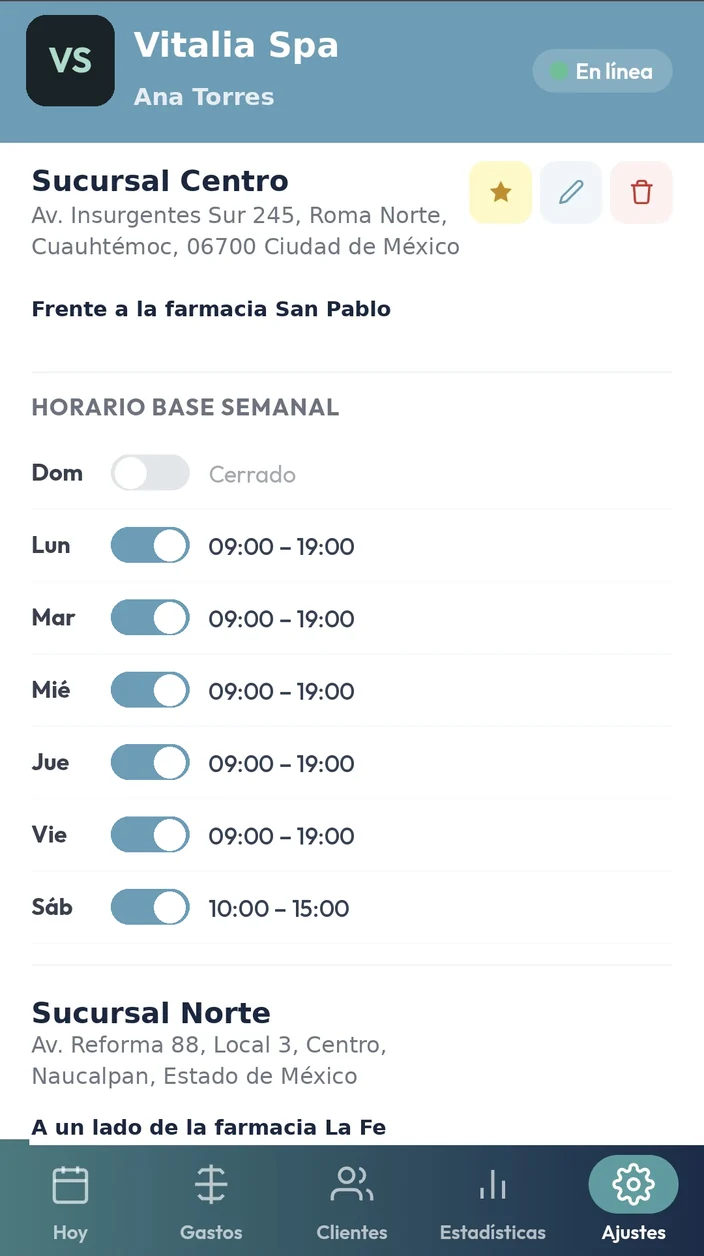 Pantalla de sucursales de Agenda Alfa con dirección y horario semanal
